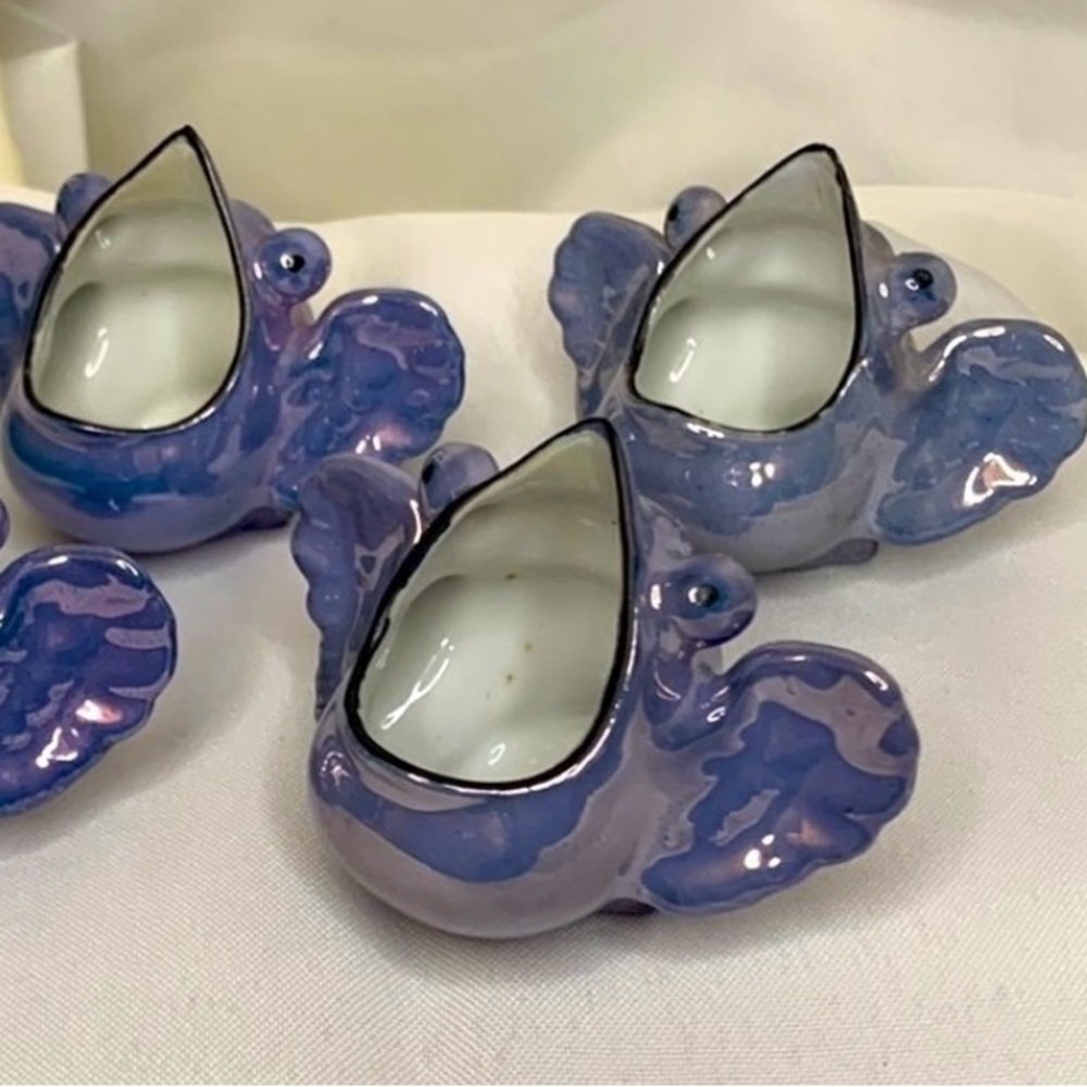Set of 3 vintage RARE porcelain blue bird salt cellars made in Japan